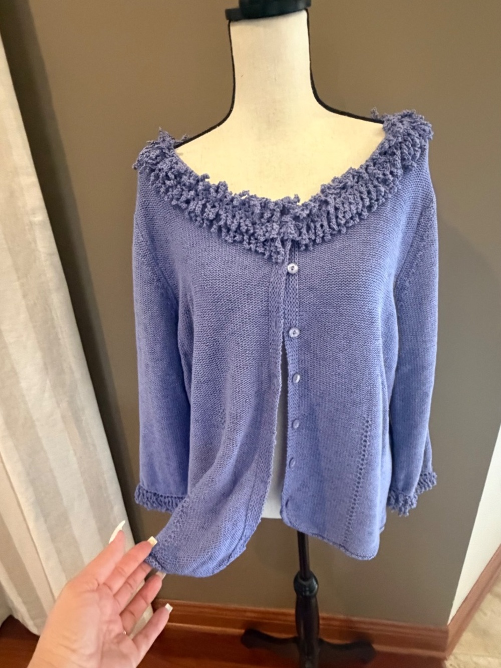 NWT Lavender Coldwater Creek Cardigan Sweater Fring Knit Scoop Neck, Size Large - Picture 6 of 16